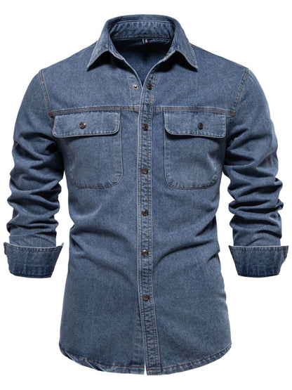 Men's Collared Neck Denim Shirt with Chest Pockets Men's Shirts Luxurious Weddings