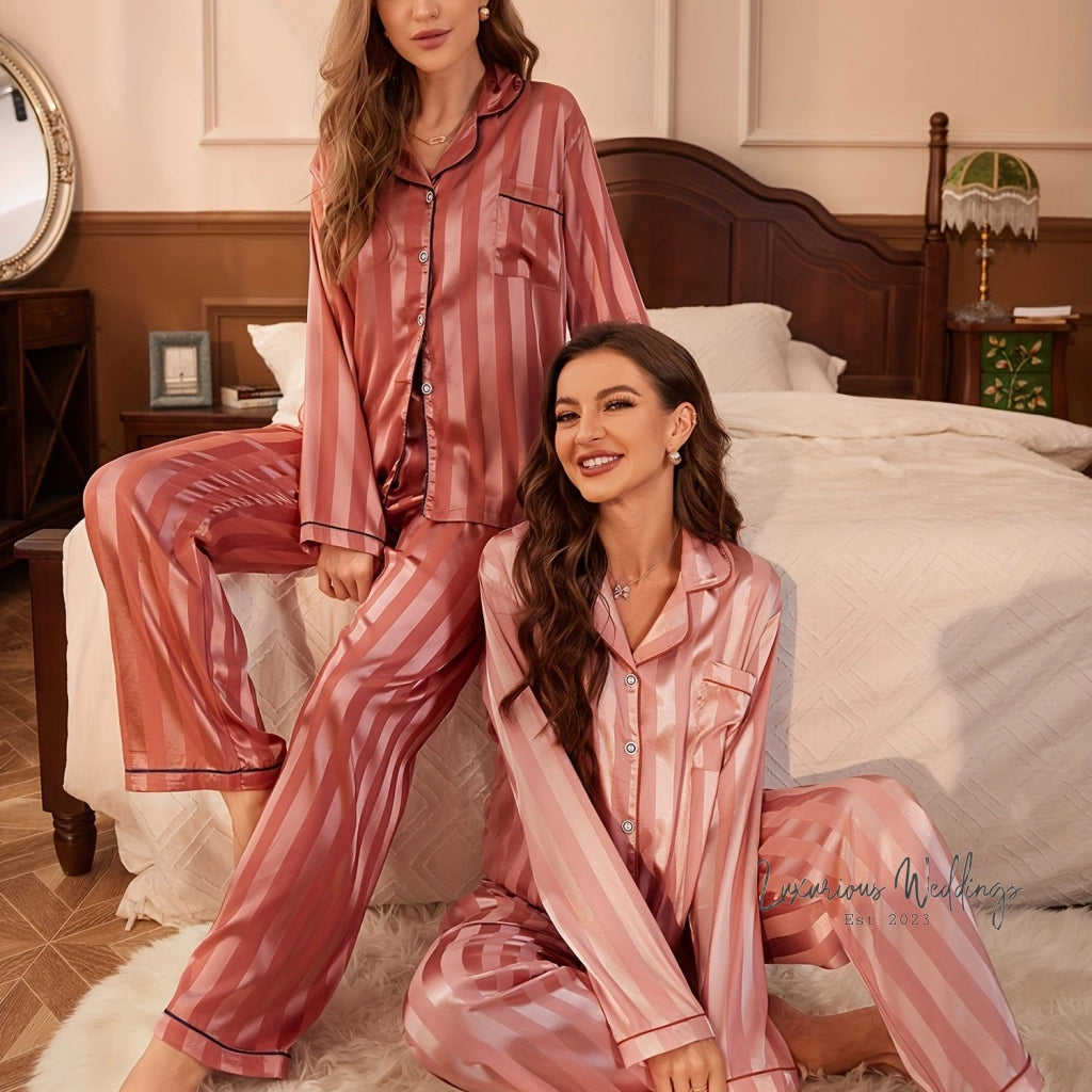 Striped Satin Pajama Set - 2 Sets, Elegant #TeamBride Design Sleepwear Luxurious Weddings
