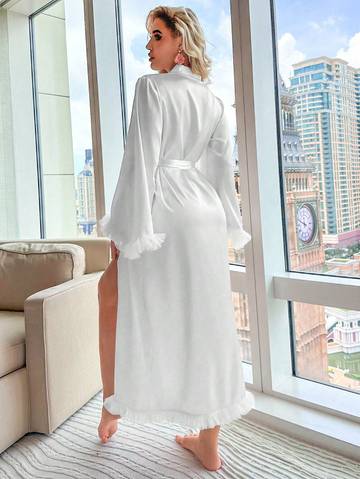Fuzzy Trim Belted Satin Robe Women Robes Luxurious Weddings