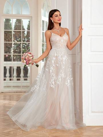 Embroidery Lace Splicing Mesh Contrast Color Swing Dress With Spaghetti Straps Wedding Dresses Luxurious Weddings