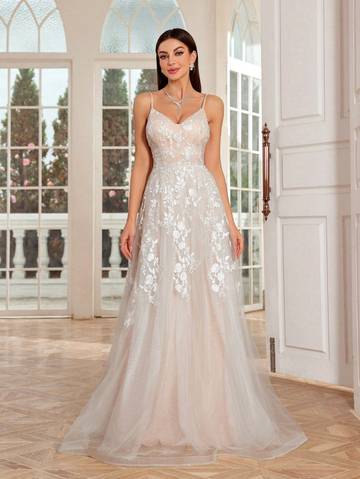 Embroidery Lace Splicing Mesh Contrast Color Swing Dress With Spaghetti Straps Wedding Dresses Luxurious Weddings