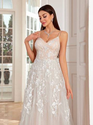 Embroidery Lace Splicing Mesh Contrast Color Swing Dress With Spaghetti Straps Wedding Dresses Luxurious Weddings