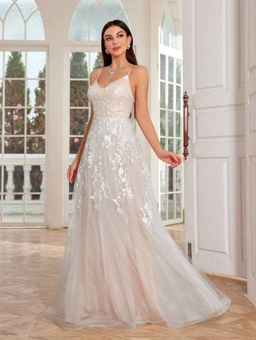 Embroidery Lace Splicing Mesh Contrast Color Swing Dress With Spaghetti Straps Wedding Dresses Luxurious Weddings