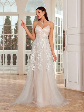 Embroidery Lace Splicing Mesh Contrast Color Swing Dress With Spaghetti Straps Wedding Dresses Luxurious Weddings