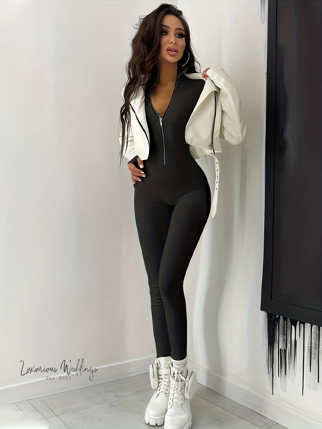 Zip-Up Jumpsuit for Women - Slim Fit, Unitard Honeymoon Costumes Luxurious Weddings