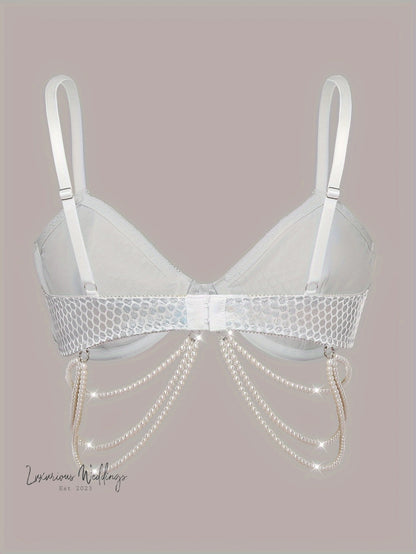 Shiny Geo Pattern Bra with Faux Pearl Chain Sequin bra Luxurious Weddings