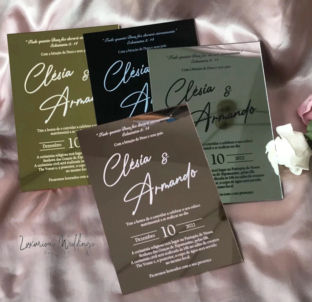 Custom Acrylic Wedding Invitation Set - Mirror Gold, Silver, Rose Gold - 10pcs Invitations Luxurious Weddings