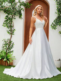 Satin Spaghetti Strap V-Neck Romantic Floral Floor-Length Bridal Gown Wedding Dresses Luxurious Weddings