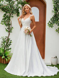 Satin Spaghetti Strap V-Neck Romantic Floral Floor-Length Bridal Gown Wedding Dresses Luxurious Weddings