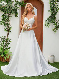 Satin Spaghetti Strap V-Neck Romantic Floral Floor-Length Bridal Gown Wedding Dresses Luxurious Weddings