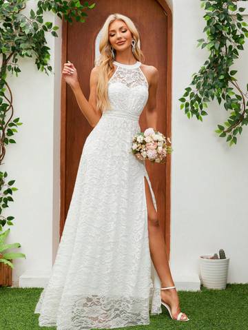 Sleeveless Halter Neckline Lace Wedding Dress With Waist Belt And High Slit Wedding Dresses Luxurious Weddings