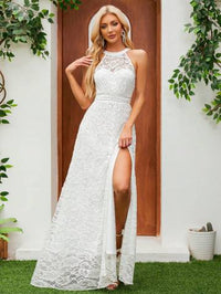 Sleeveless Halter Neckline Lace Wedding Dress With Waist Belt And High Slit Wedding Dresses Luxurious Weddings