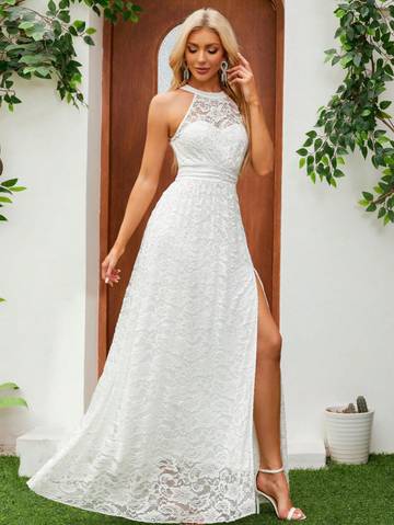 Sleeveless Halter Neckline Lace Wedding Dress With Waist Belt And High Slit Wedding Dresses Luxurious Weddings