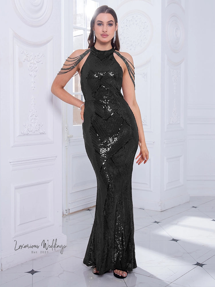 Gold Sequin Party Dress with Off-Shoulder Beading Sequin Dress Luxurious Weddings