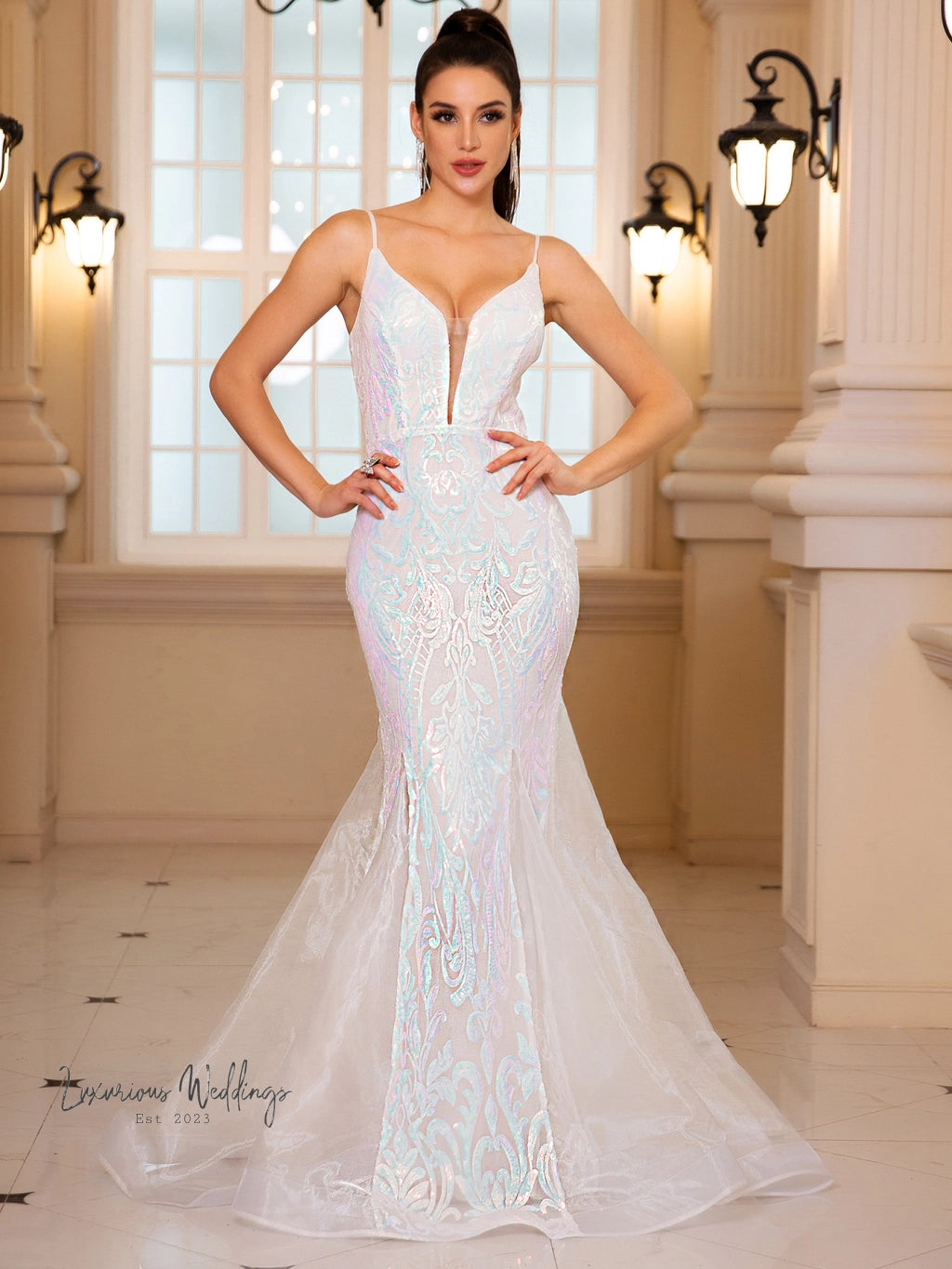 White Sequined Mermaid Wedding Party Dress sequined mermaid dress Luxurious Weddings