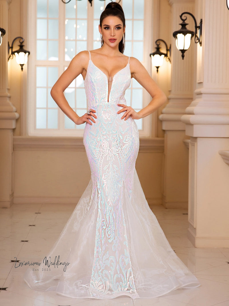 White Sequined Mermaid Wedding Party Dress sequined mermaid dress Luxurious Weddings