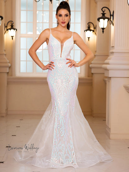 White Sequined Mermaid Wedding Party Dress sequined mermaid dress Luxurious Weddings