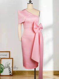 Pink One Shoulder Dress with Bowtie Waist Belt One Shoulder Dress Luxurious Weddings