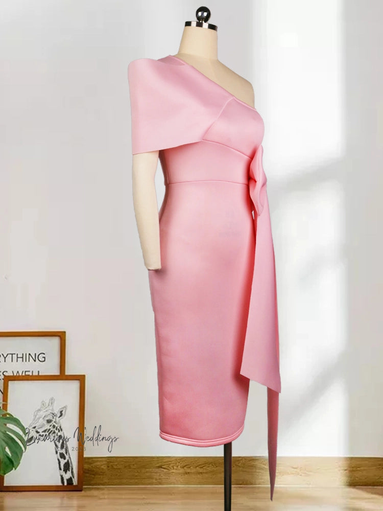 Pink One Shoulder Dress with Bowtie Waist Belt One Shoulder Dress Luxurious Weddings
