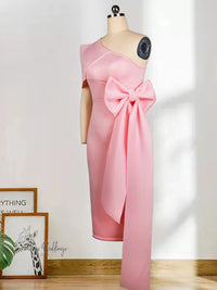 Pink One Shoulder Dress with Bowtie Waist Belt One Shoulder Dress Luxurious Weddings