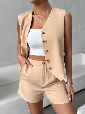 Women's Fashionable Solid Color Button Decorated Sleeveless Vest And Shorts Set Women Suit Sets Luxurious Weddings