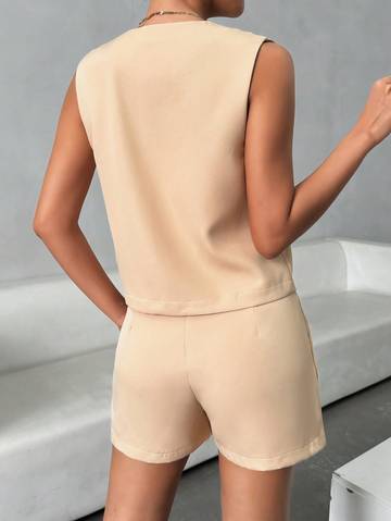 Women's Fashionable Solid Color Button Decorated Sleeveless Vest And Shorts Set Women Suit Sets Luxurious Weddings