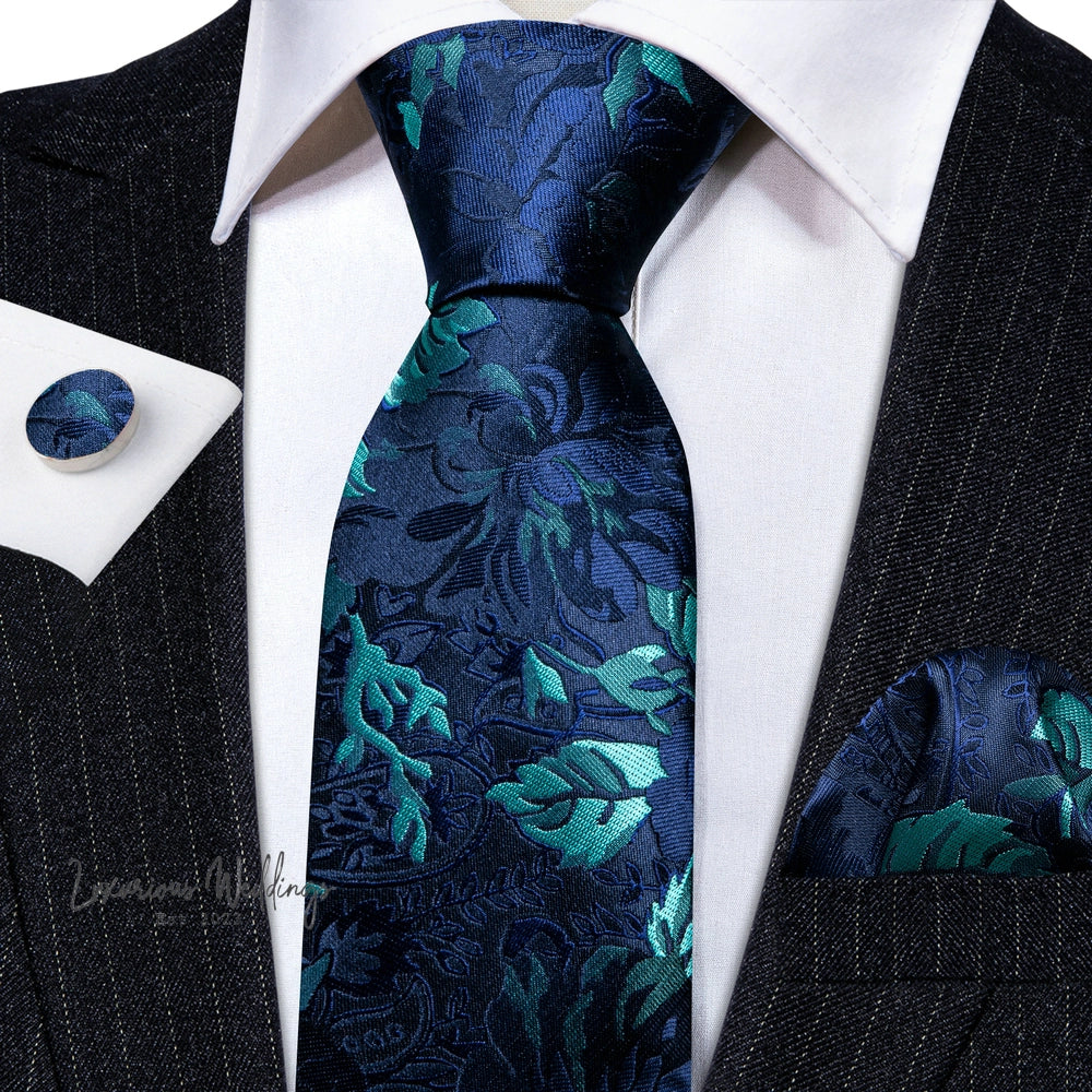 Barry·Wang Blue Green Teal Leaves Neck Tie Set By Luxurious Mens Ties Luxurious Weddings