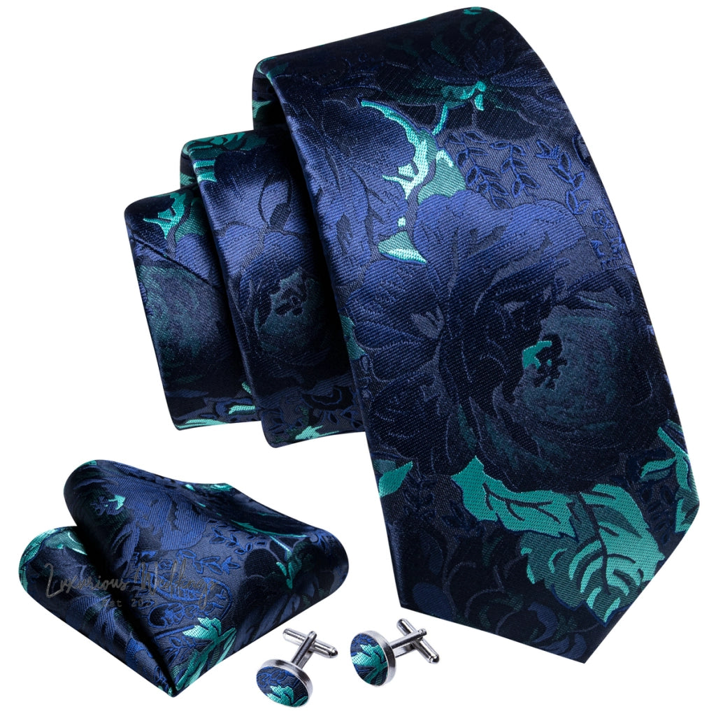 Barry·Wang Blue Green Teal Leaves Neck Tie Set By Luxurious Mens Ties Luxurious Weddings
