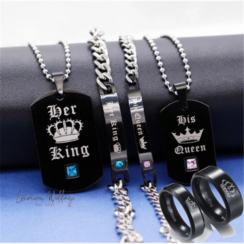 Couple's Black Crystal Necklace Rings Set Couples Matching sets Luxurious Weddings