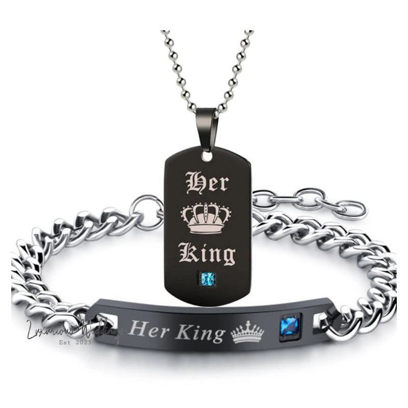 Couple's Black Crystal Necklace Rings Set Couples Matching sets Luxurious Weddings
