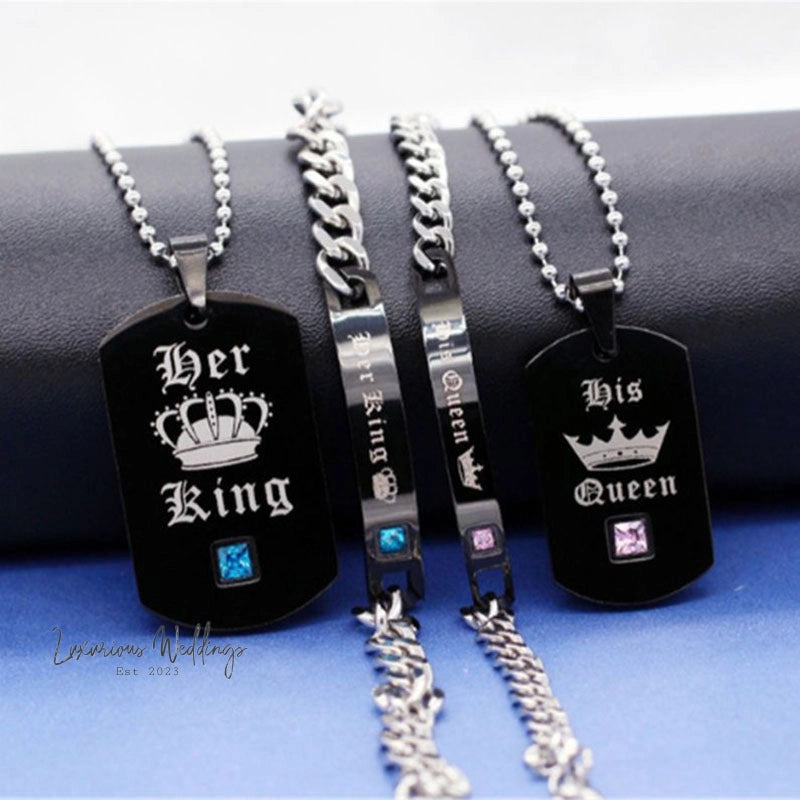 Couple's Black Crystal Necklace Rings Set Couples Matching sets Luxurious Weddings