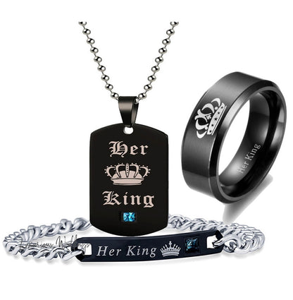 Couple's Black Crystal Necklace Rings Set Couples Matching sets Luxurious Weddings