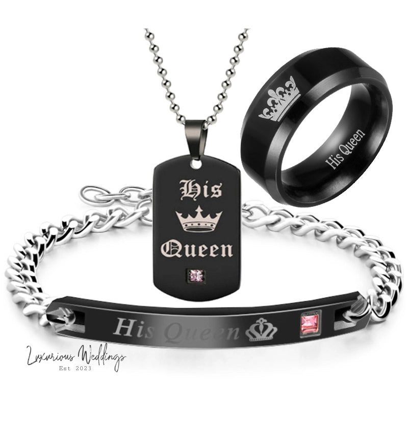Couple's Black Crystal Necklace Rings Set Couples Matching sets Luxurious Weddings