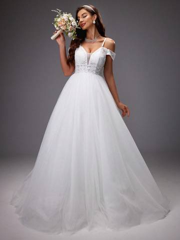 Off Shoulder Embroidered Sequin Mesh Wedding Dress Wedding Dresses Luxurious Weddings