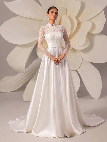 High-End Lace Embroidery Long Sleeve Satin Train Wedding Dress Wedding Dresses Luxurious Weddings