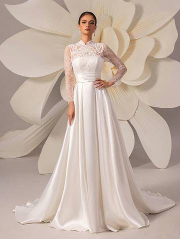 High-End Lace Embroidery Long Sleeve Satin Train Wedding Dress Wedding Dresses Luxurious Weddings