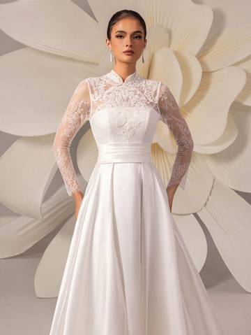 High-End Lace Embroidery Long Sleeve Satin Train Wedding Dress Wedding Dresses Luxurious Weddings
