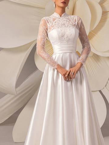High-End Lace Embroidery Long Sleeve Satin Train Wedding Dress Wedding Dresses Luxurious Weddings