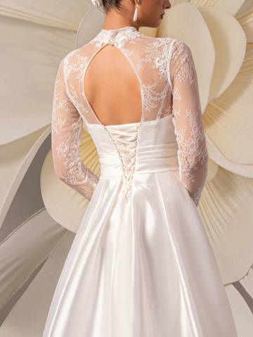 High-End Lace Embroidery Long Sleeve Satin Train Wedding Dress Wedding Dresses Luxurious Weddings
