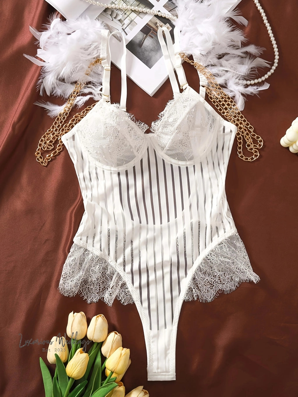 Romantic Lace Feather Bodysuit bodysuit Luxurious Weddings