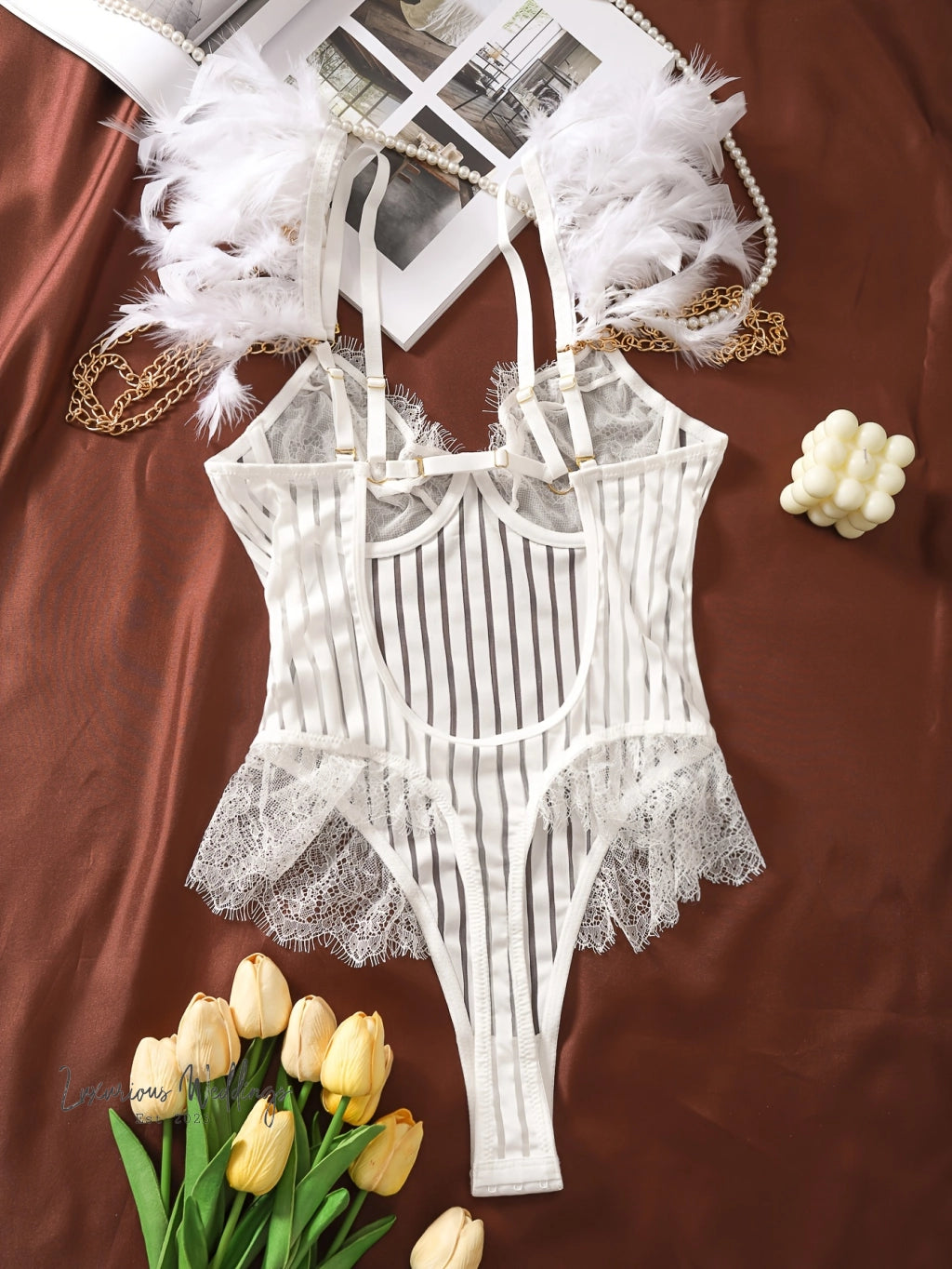 Romantic Lace Feather Bodysuit bodysuit Luxurious Weddings