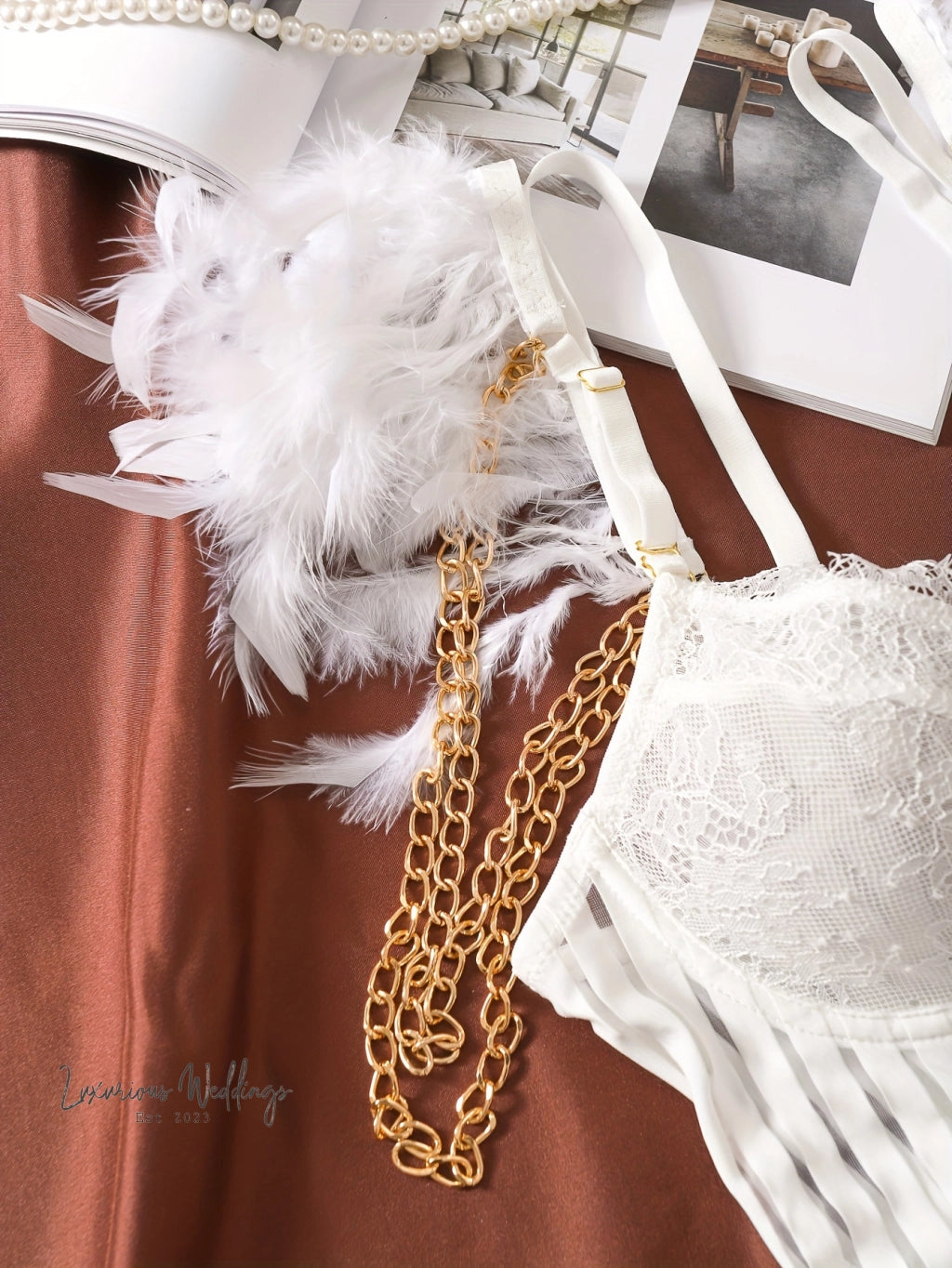 Romantic Lace Feather Bodysuit bodysuit Luxurious Weddings