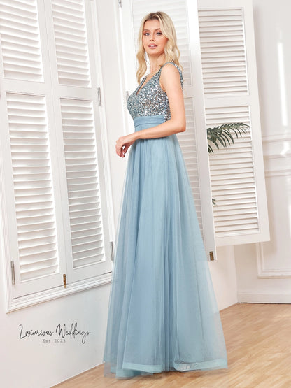 Luxury Blue Sequin Evening Dress 2024 Formal Sequin Dress Luxurious Weddings