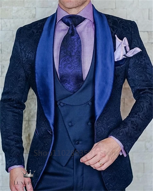 Blue Jacquard Tuxedo - Slim Fit 3Pc Suit Men's Suit Luxurious Weddings