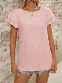 Eyelet Round Neck Double Layered Ruffled Short Sleeve Top Luxurious Weddings