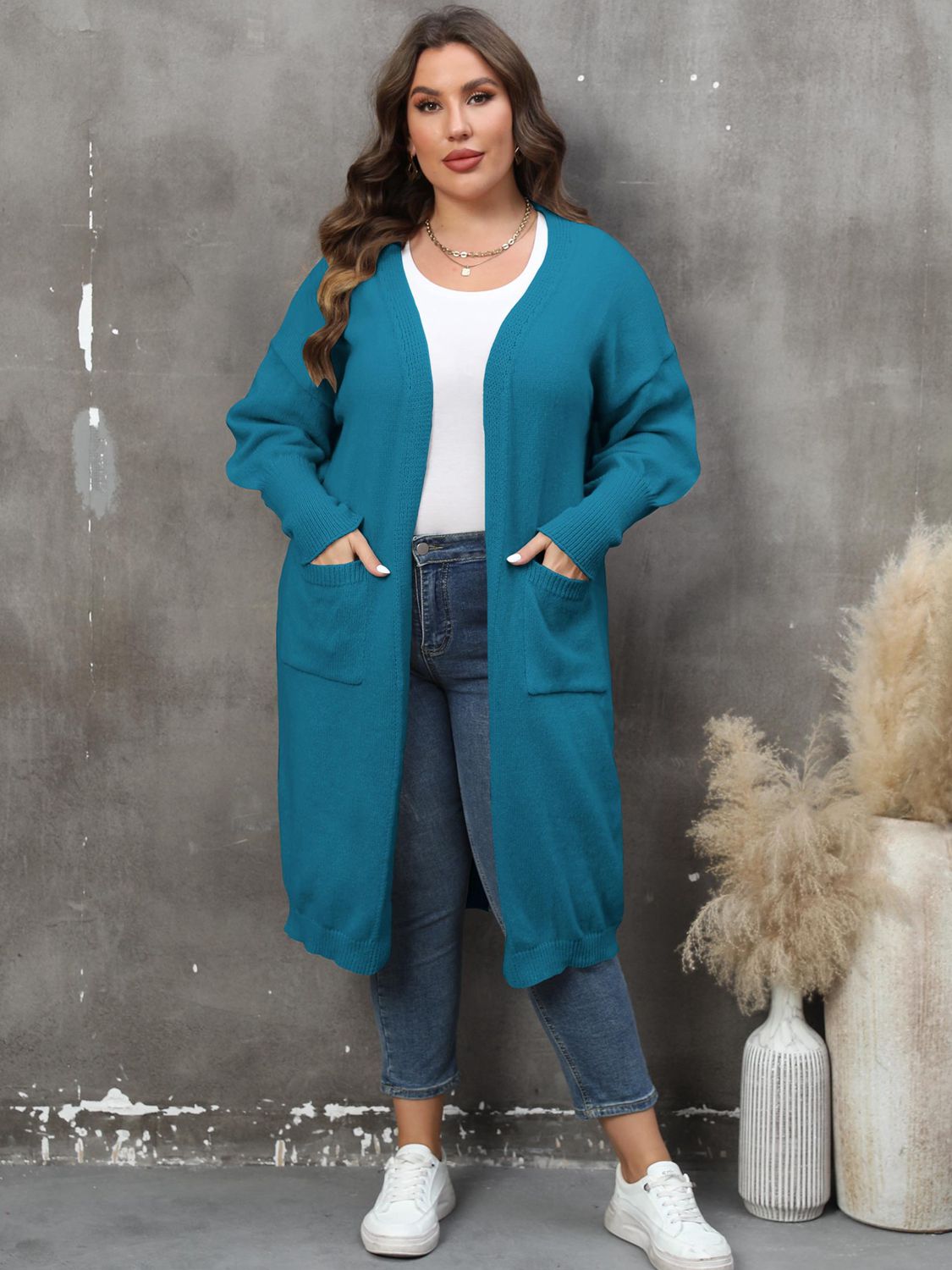 Plus Size Long Sleeve Pocketed Cardigan Plus size Luxurious Weddings