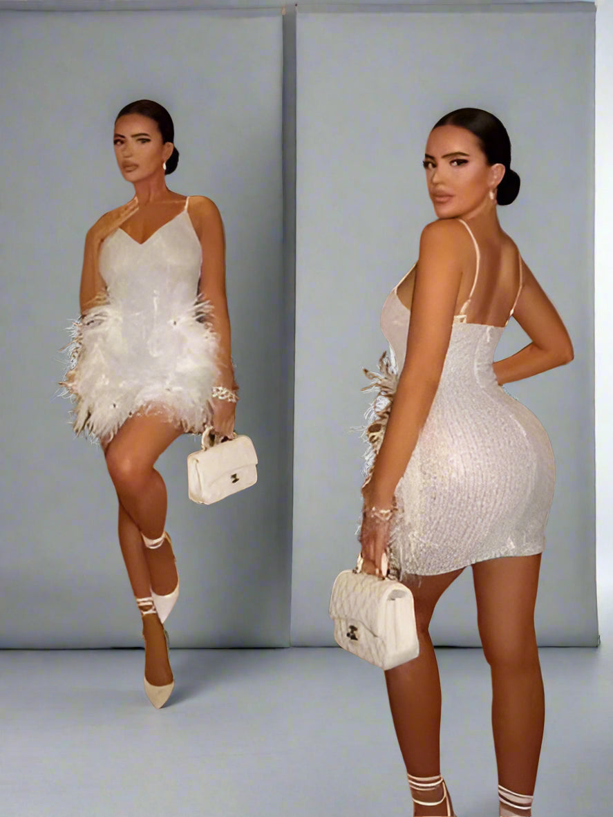 Luxury Sparkling diamond feather low-cut sequin dress Luxurious Weddings