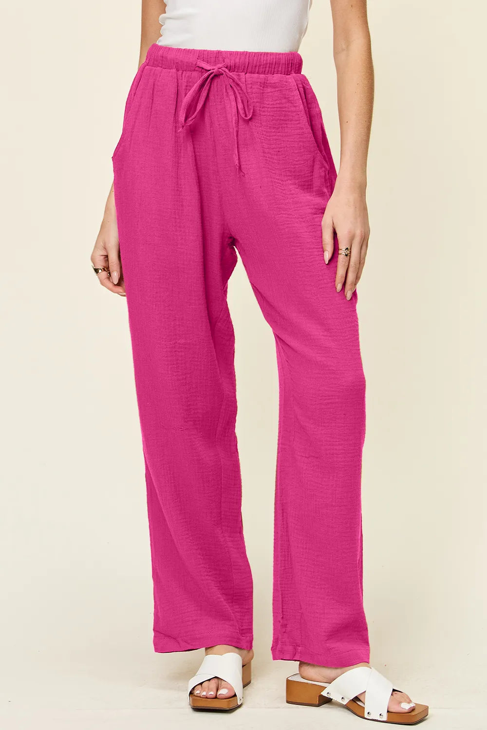 Double Take Full Size Texture Drawstring Straight Pants Pants Luxurious Weddings