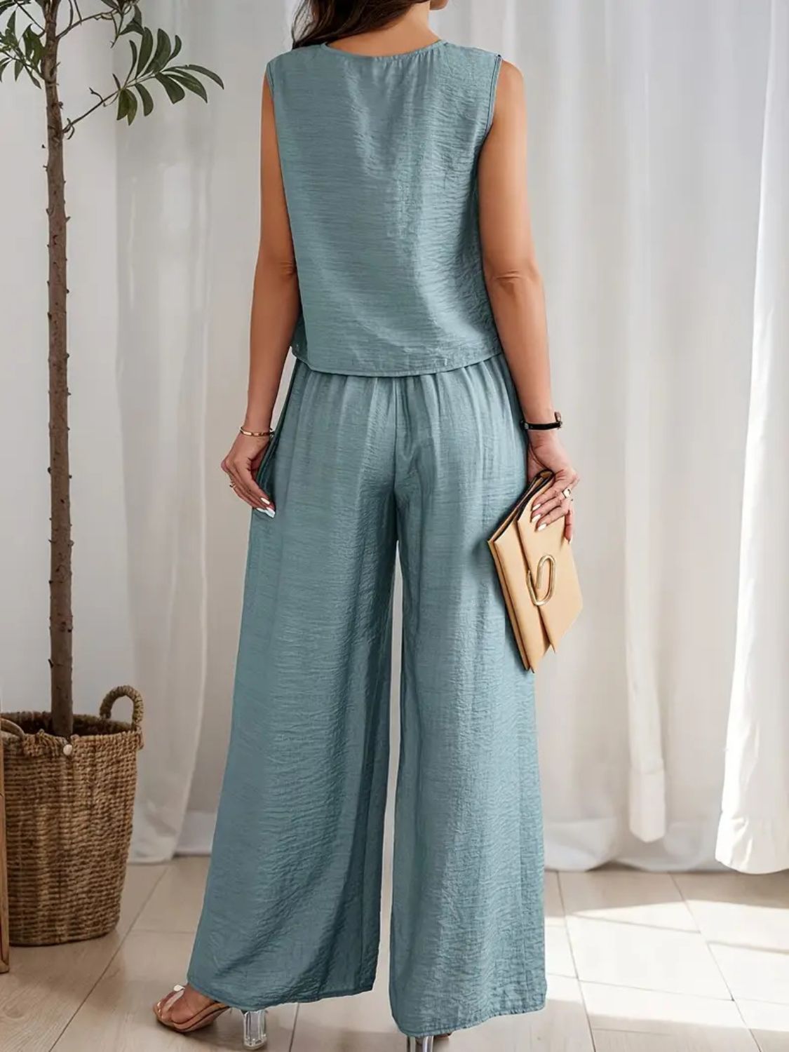 Round Neck Sleeveless Top and Wide Leg Pants Set Matching Sets Luxurious Weddings