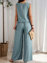 Round Neck Sleeveless Top and Wide Leg Pants Set Matching Sets Luxurious Weddings
